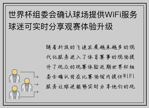 世界杯组委会确认球场提供WiFi服务球迷可实时分享观赛体验升级